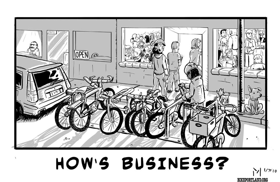 Black and white cartoon drawing of multiple bikes in a bike rack outside of a business that is very busy