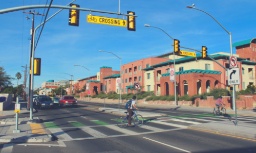 Sidewalks, enhanced crosswalks, and bike routes along busy roads