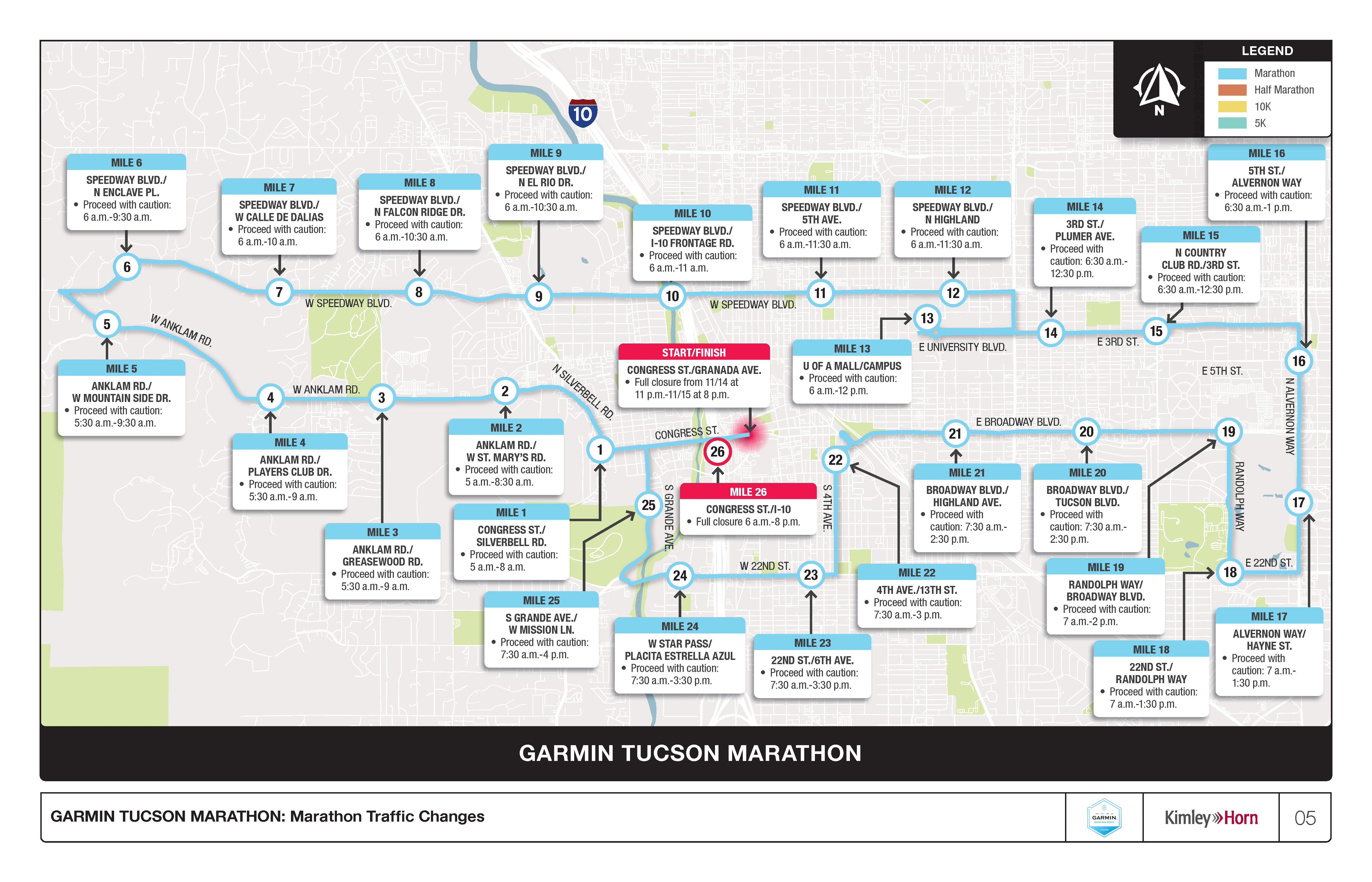 Full Marathon Map with Mile Times and Traffic Restriction Information