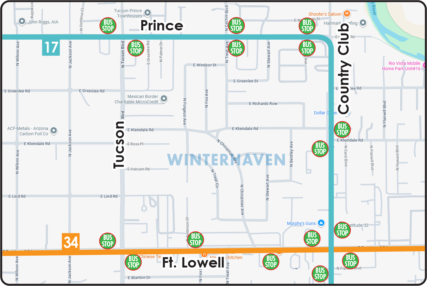 Image of the Sun Tran route stops on a map of the area around the Winterhaven neighborhood.