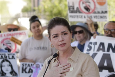 Photo of Mayor Romero Speaking at the Karla Toledo press conference at El Presidio Park.