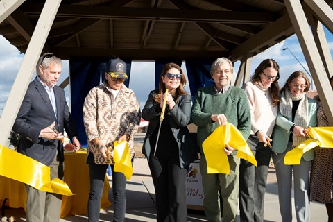 Mayor Regina Romero, Tucson City Council Members Lane Santa Cruz and Kevin Dahl, Arizona Department of Housing Director Joan Serviss, HCD Director Ann Chanecka cutting the ribbon and the Milagro on Oracle Housewarming event., 