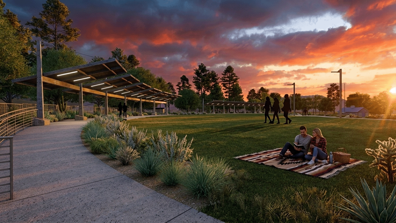 Architectural rendering showing the improved lawn and pedestrian area at the Outdoor Performance Center, with covered shade structures, accessible pathways, railings, desert landscaping and site lighting.