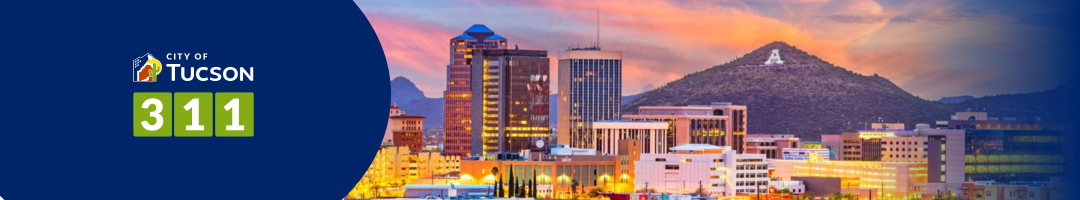 311 logo with cityscape image of downtown at sunset