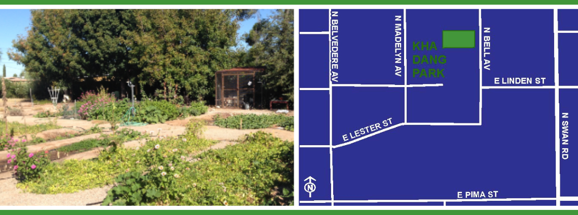 Split image showing a lush garden with blooming flowers and pathways on the left, and a blue map highlighting the 