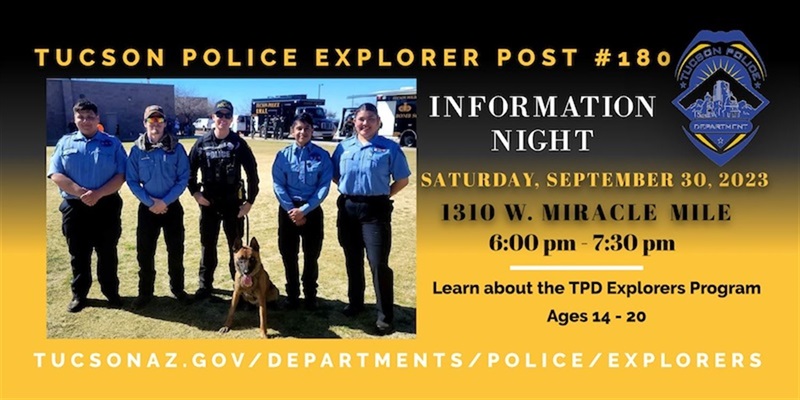 Explorers Info Night Saturday Sept 23 1310 W. Miracle Mile 6:30 pm to 7:30 pm five young Explorers in uniform pictured